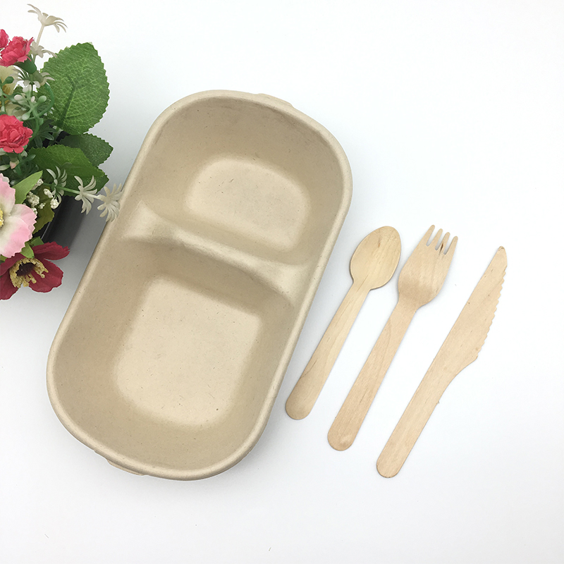 2 Compartment Bagasse Salad Bowl with Spoon and Fork