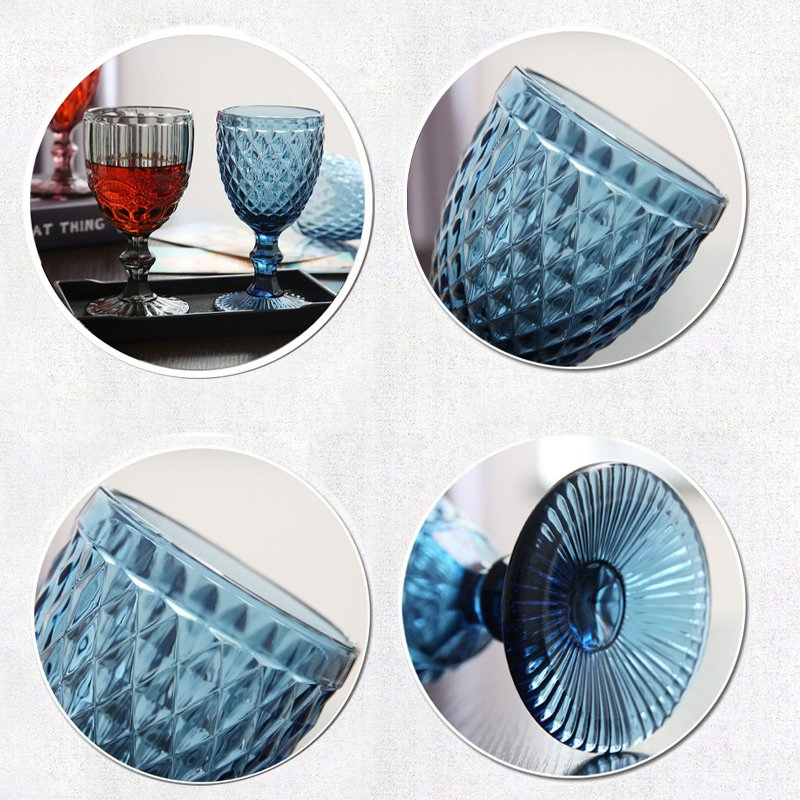 Huahangna Wholesale Party European Home Drinking Wedding Bar Water Lead Free Embossed Vintage Glass Colored Wine Goblet Cup Glassware for Juice Champagne