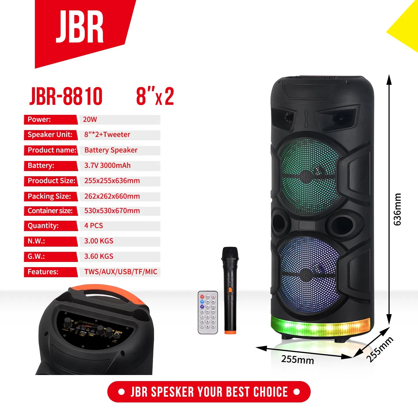 Double 8 Inch Rechargeable Portable Bluetooth Active Speaker Trolley Colorful LED Lights