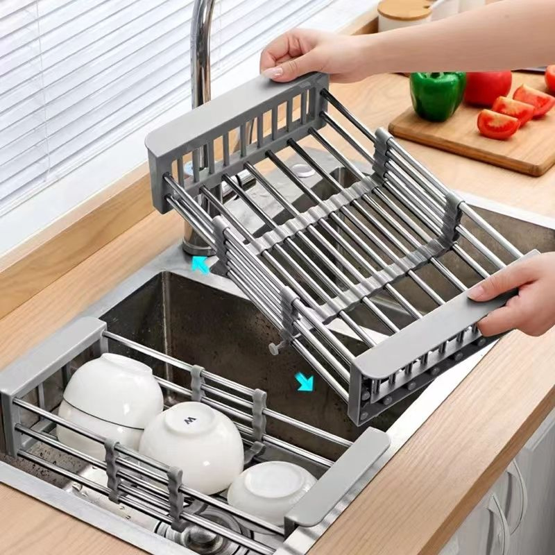 Kitchen Organizer Stainless Steel Sink Dish Drainers Drain Basket Over Sink Adjustable Extendable Dish Drying Rack