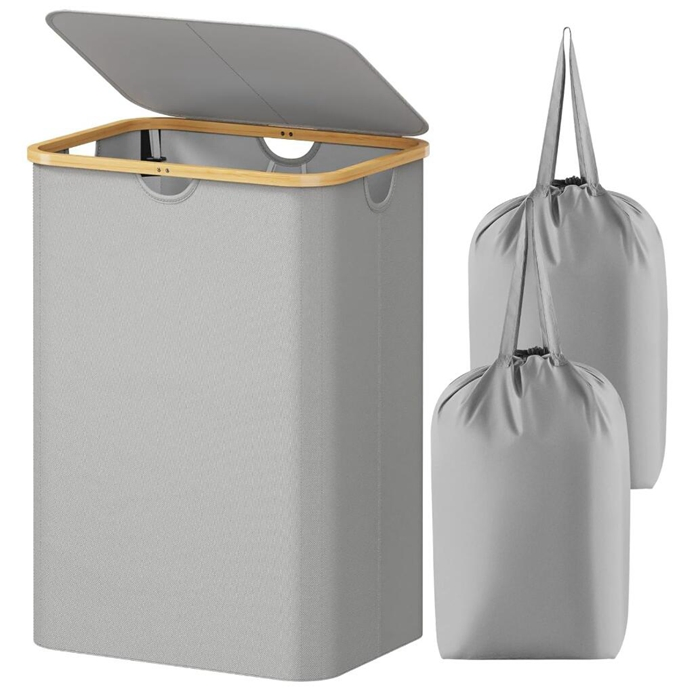 Sturdy Tall Bamboo Laundry Basket Clothes Organizer with Inner Bags