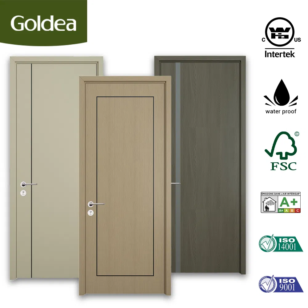 Goldea Wholesale 39 Years Factory Price Modern Style Room Home Furniture MDF PVC Timber Interior Wooden Door with Metal Strips Inlay Design