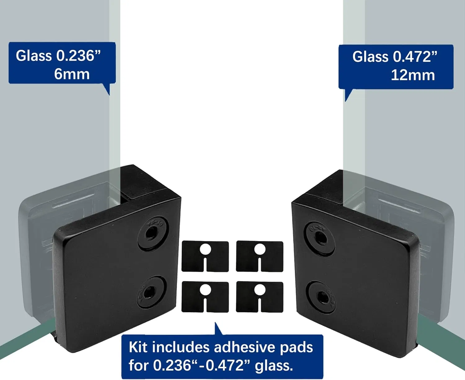 Suitable for 1/4" - 1/2" (6mm-12mm) Tempered Glass, Stainless Steel 304 Flat Bottom Square Glass Clamp for Railings, Stairs, Handrails, (black)