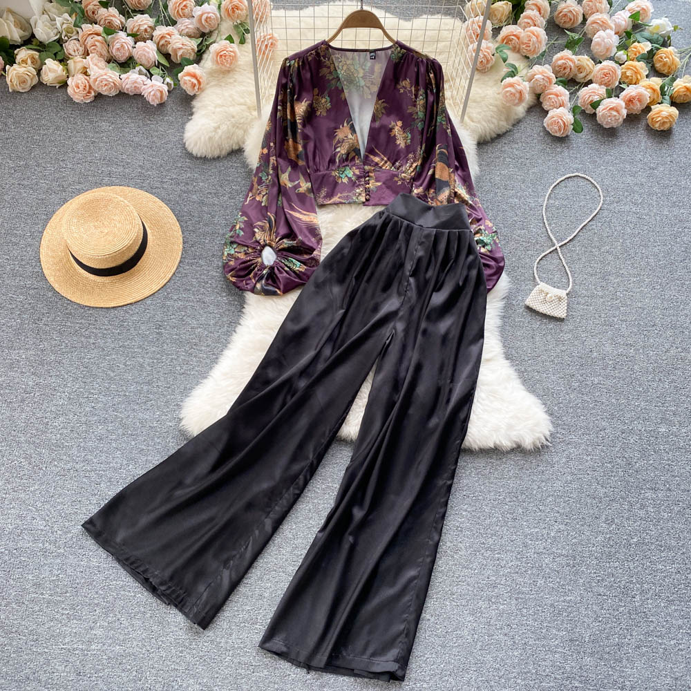 Комплект женский рубашка V-вырез и брюки высокая талия