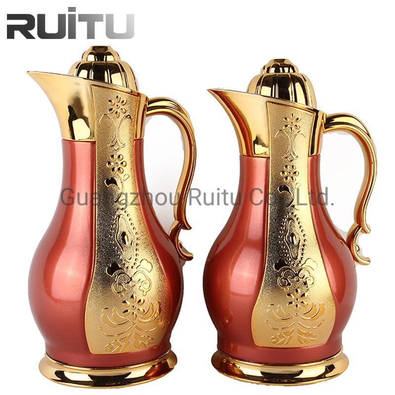 Ruitu Tea Pot Sets Black Gold Modern Saudi Arabian Thermos Coffee Flask Vacuum Pot Jug Metal Body Glass Insert Arabic Coffee Pot Dallah