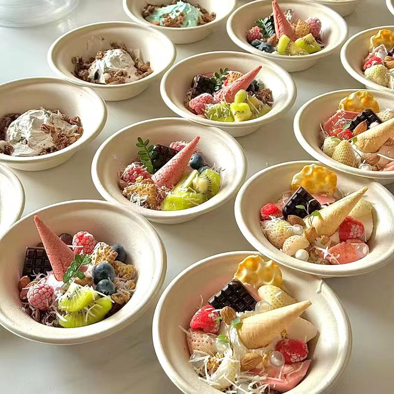 Eco Friendly Disposable Ice Cream Biodegradable Sugarcane Bagasse Compostable Paper Ramen Salad Food Bowl Salad Bowl Yogurt Bowl Fruit Bowl Soup Bowl with Lid