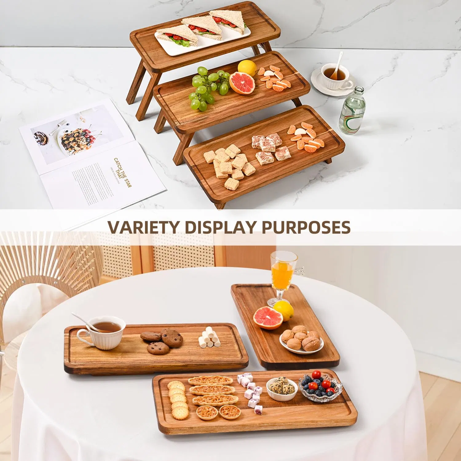 3 Tier Acacia Wooden Tiered Tray Foldable Foldable Table Display Serving Tray for Party Birthday Wedding Christmas