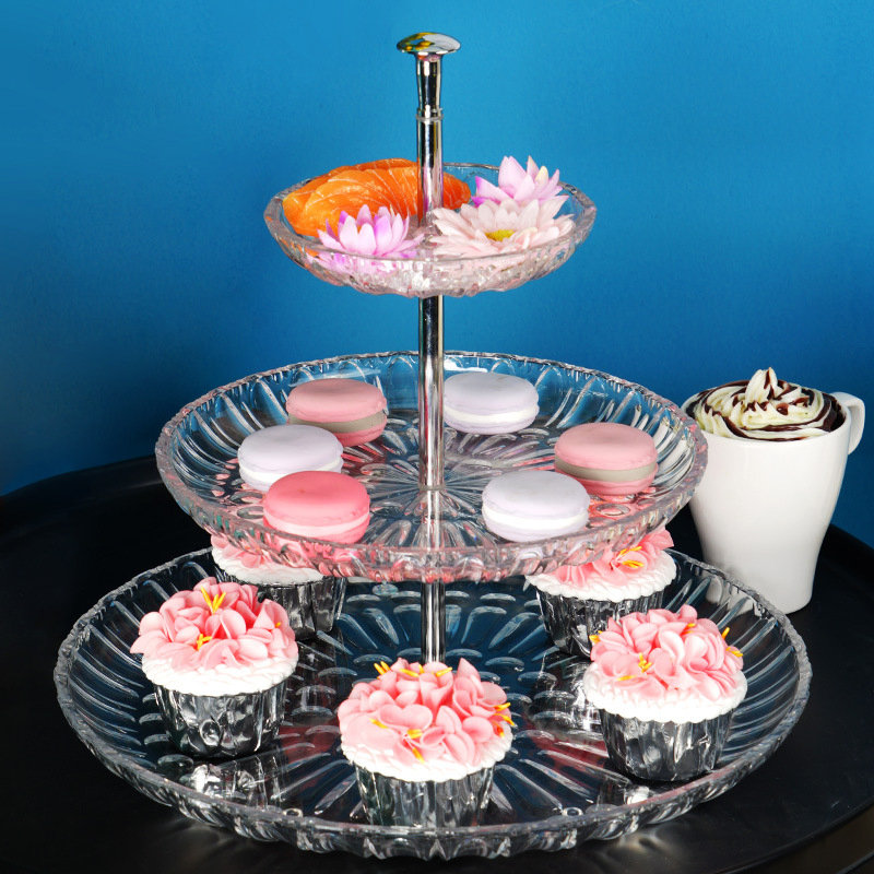 2 Layers Clear Embossed Decorative Cake Plate Wedding Party Plastic Fruit Tray