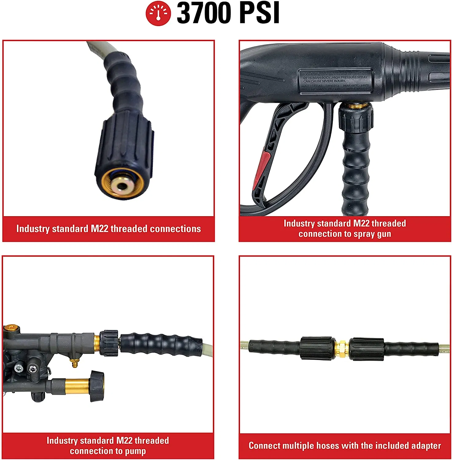 Kink Resistant 3200 Psi 1/4" 50 FT High Pressure Washer Hose Replacement with M22-14mm Brass Thread