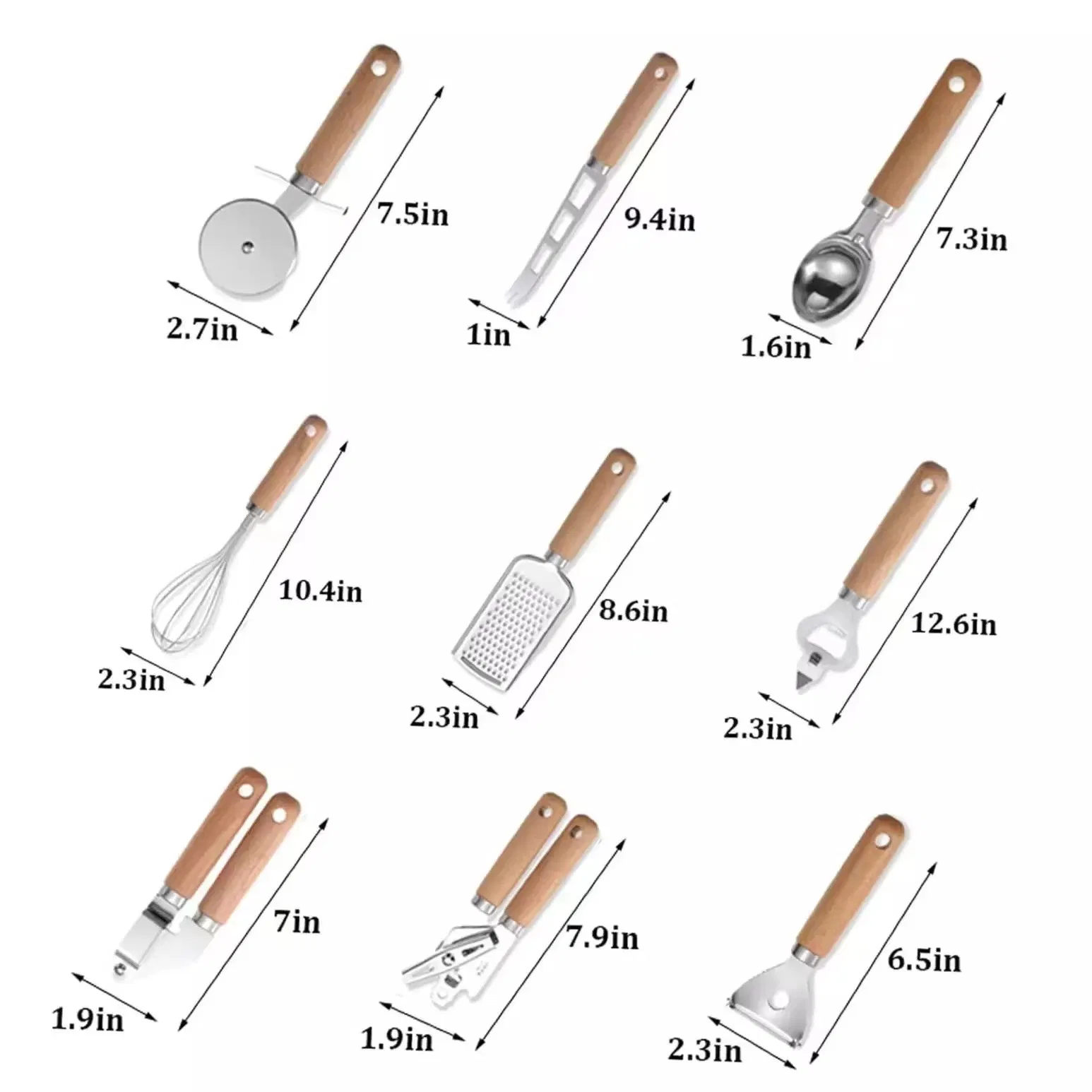 Kitchen Tools -9 Pieces Set Cheese Cutter/Pizza Cutter/Can Opener/Cream Scoop/Garlic Press/Grater