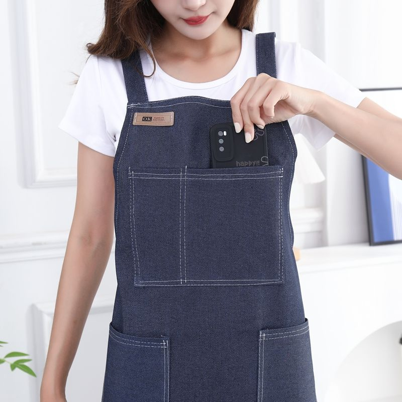Custom Print Adult Denim Double Shoulder Household Kitchen Cook Chef Bib Apron with Pockets