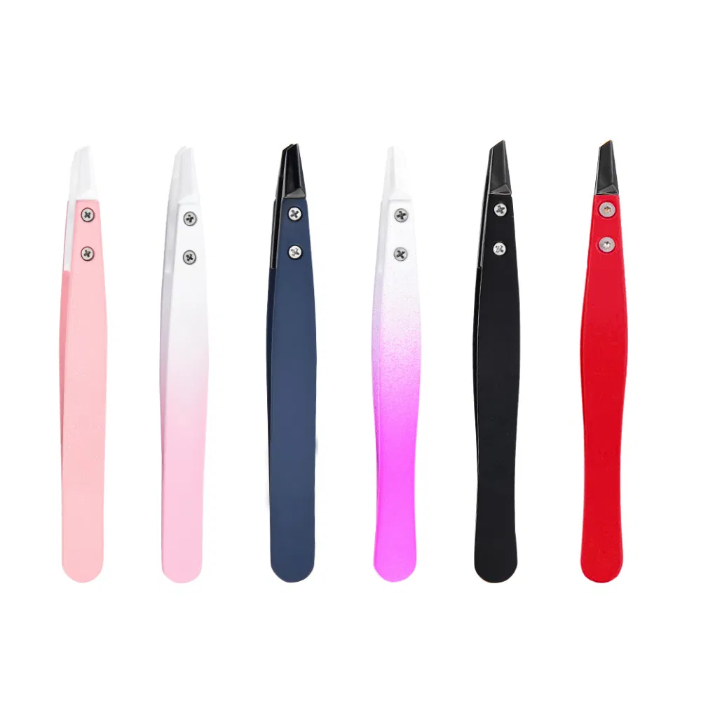 Precision Ceramic Head Stainless Steel Eyelash Tweezers Anti-Static Electronic Slanted Eyebrow Tweezers