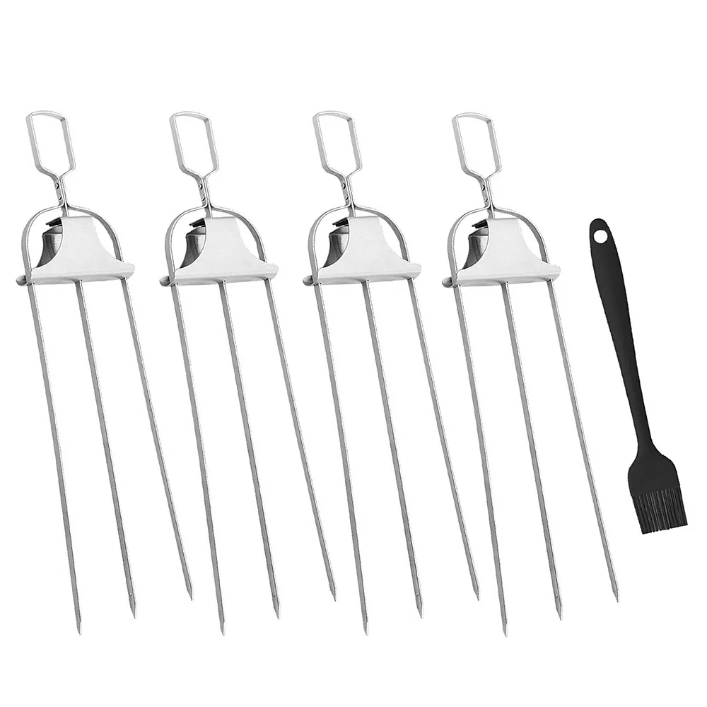 Stainless Steel 3-Way Barbecue Skewers Long Grill Fork with Brush Esg30126