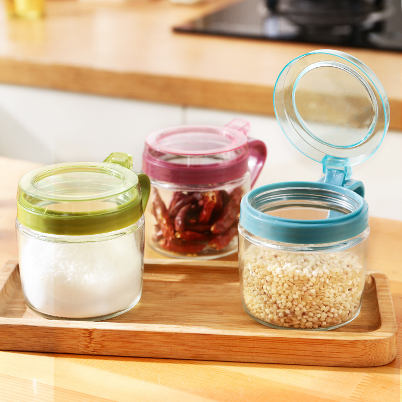 Hot Sales 350ml Kitchen Blue Plastic Cover Free Glass Bottle with Spoon