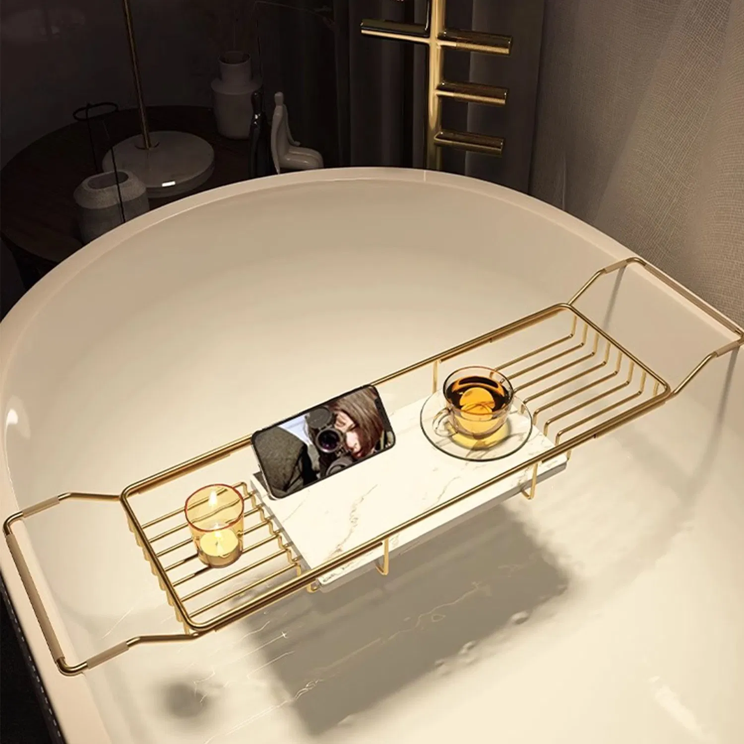 Gold Bathroom Accessories Bathtub Caddy Tray with Holder