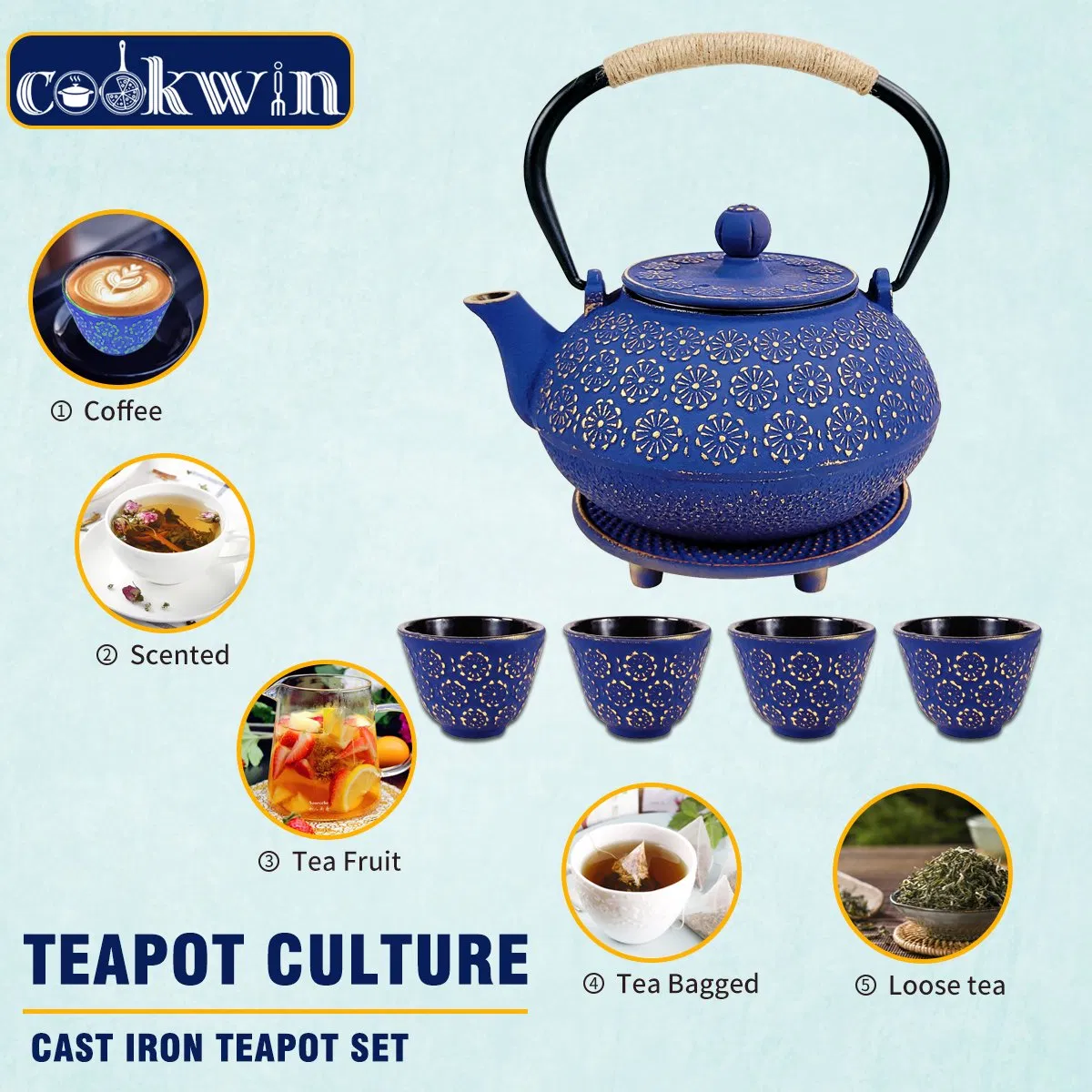 32 Oz 6 Piece Set Japanese Cast Iron Teapot Set Japanese Tetsubin Kettle Set with Infuser, 4 Teacups, Cap Lifter and Trivet