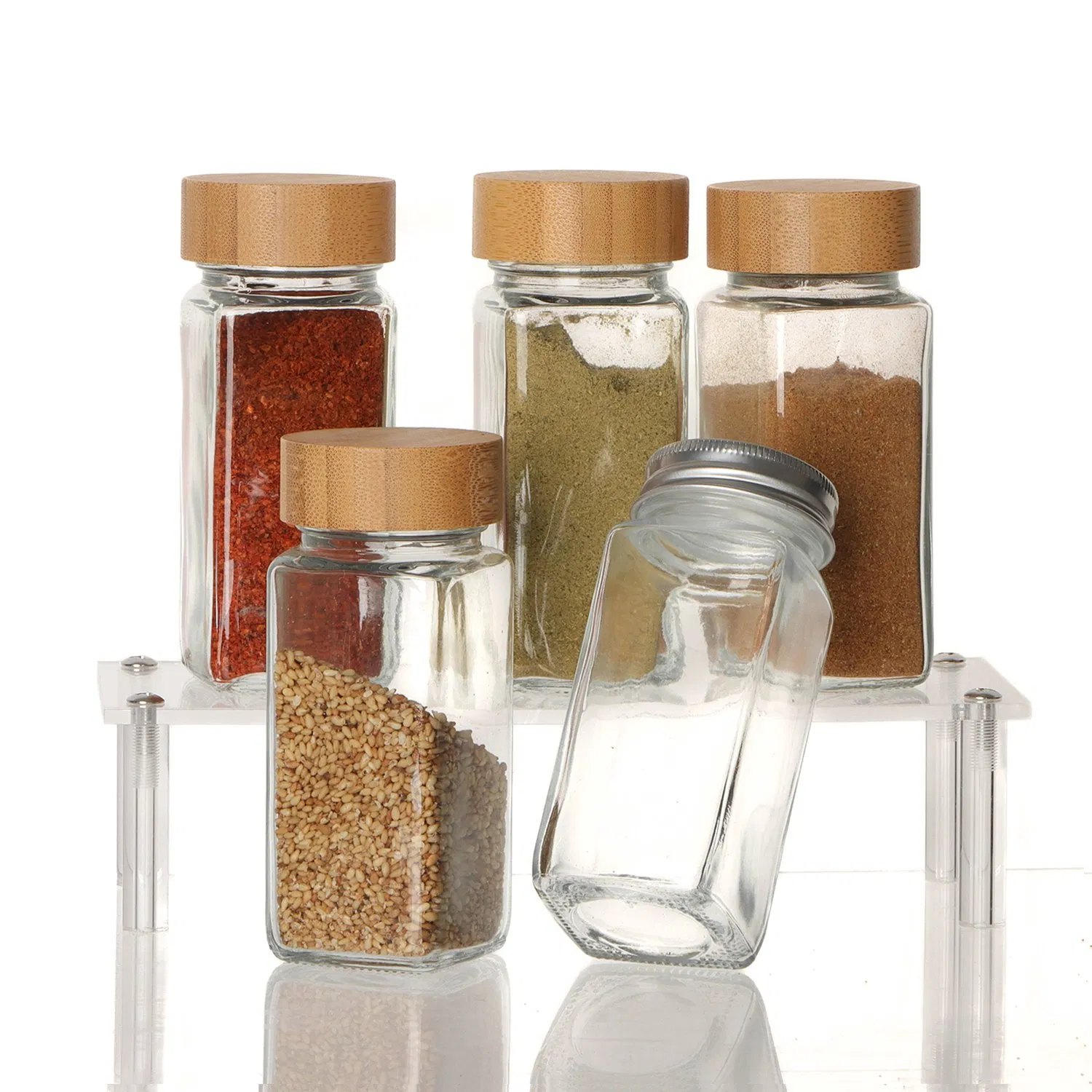 Empty Square Clear Glass Seasoning Bottles with Black Aluminum Cap
