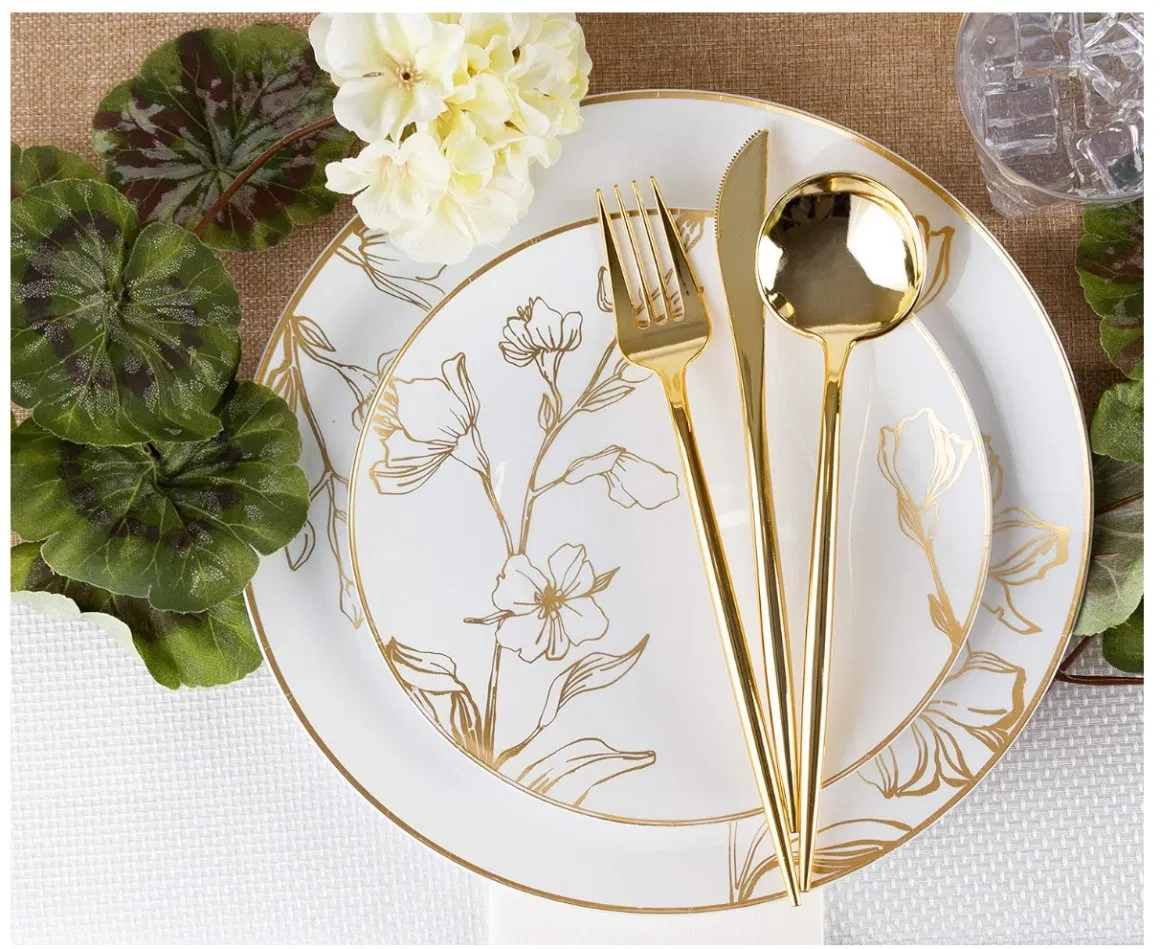 Disposable White Plastic Dinner Plates with Color Pattern 7.5-10.25 Inches Round Shape for Weddings Christmas and Parties
