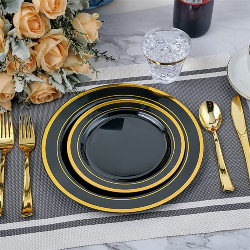 Disposable Plastic Gold Hot Stamp Party Dinnerware Set 25 Sets 7.5 and 10.25 Inch Plates Cup Cutlery