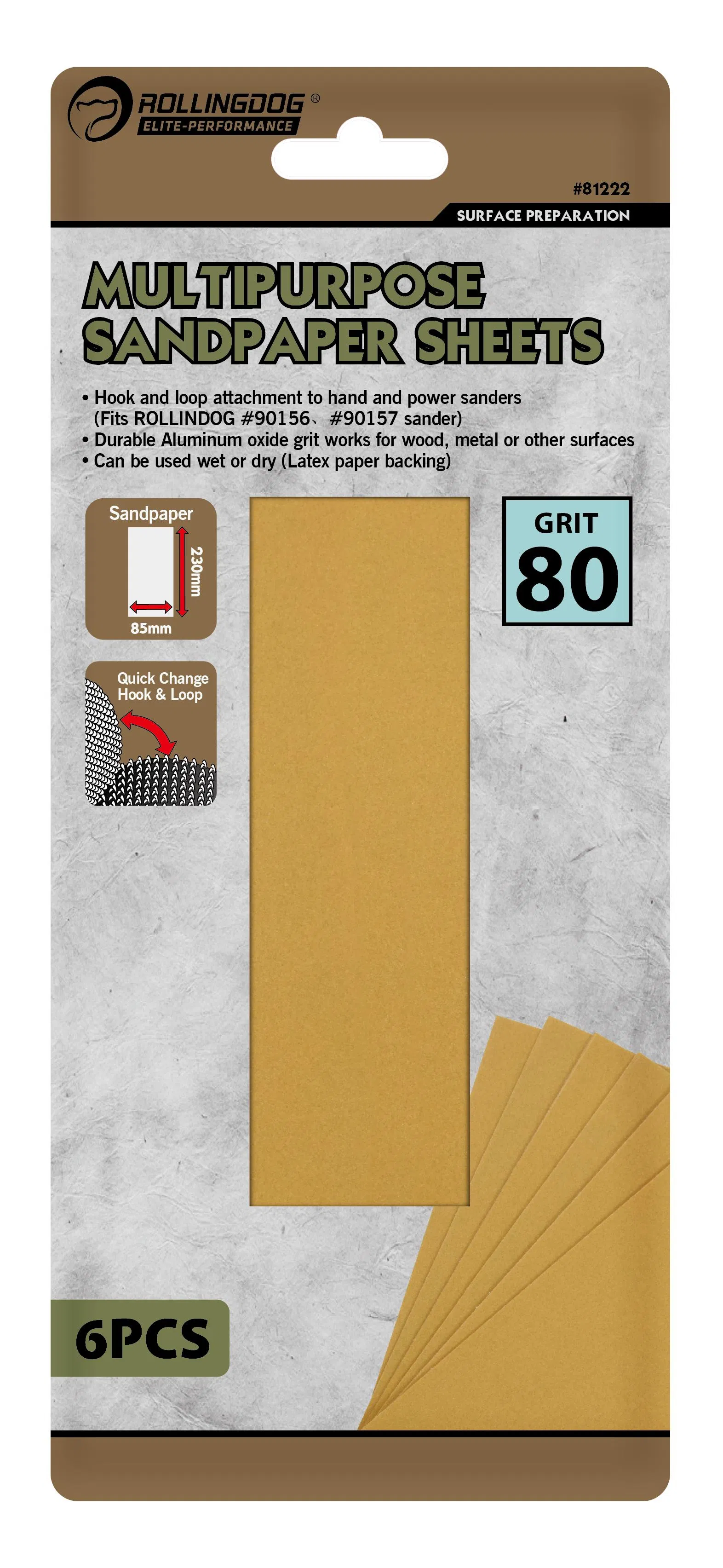 Rolingdog-Elite 81222 Multipurpose Sandpaper Sheets (6PCS) 80 Grit