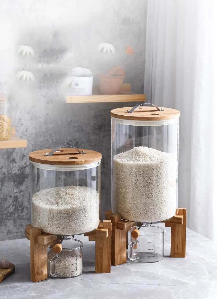 5L 8L Sealed Kitchen Glass Rice Storage Dispenser Bucket with Quality Bamboo Base