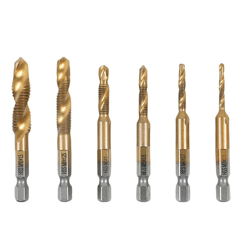 6-in-1 HSS Spiral Flute Tap Drill Tap Countersink Tap Bit, Hex Shank, Combined Drill Tap for Efficient Threading