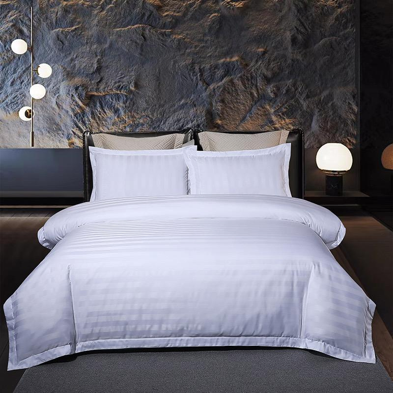 White Hotel Textiles Solid Color ODM/OEM Custom Microfiber Polyester 4 Pieces Stain Stipe Duvet Quilt Cover Bed Sheets Guangdong Hotel Bedding Set Wholesale