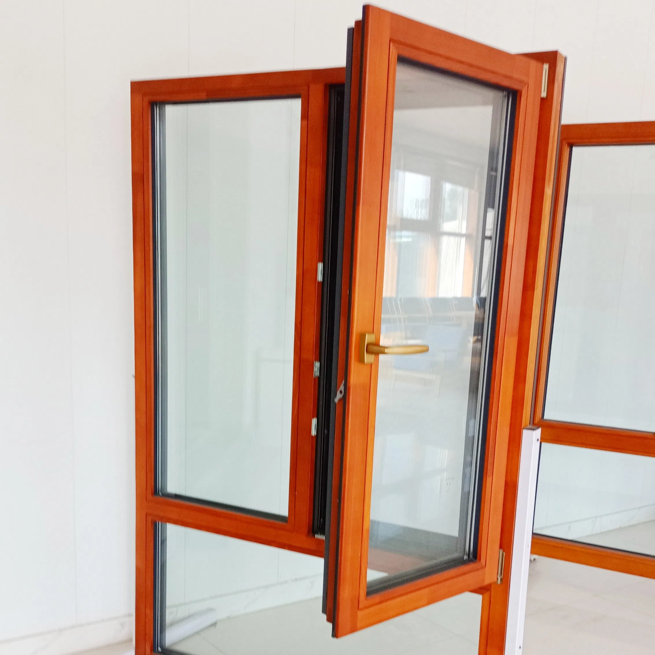 Aluminium Wood Wooden Casement Glass Window with Folding Mosquito Screen Bedroom Livingroom