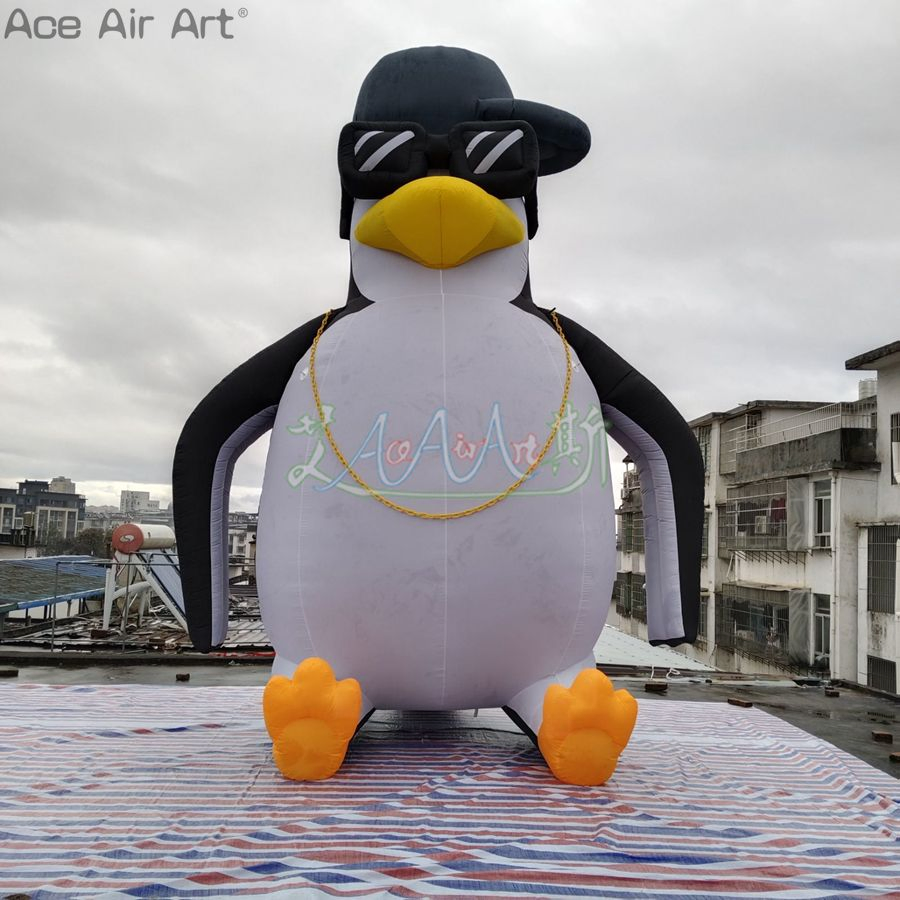 Inflatable Penguin Wearing Gold Necklace Inflatable Penguin Cartoon Animal Model for Outdoor Decoration