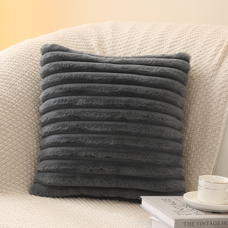 Xinlan Simple Striped Faux Rabbit Fur Throw Pillow Case Single Sided Solid Color Cushion Cover for Couch Bed