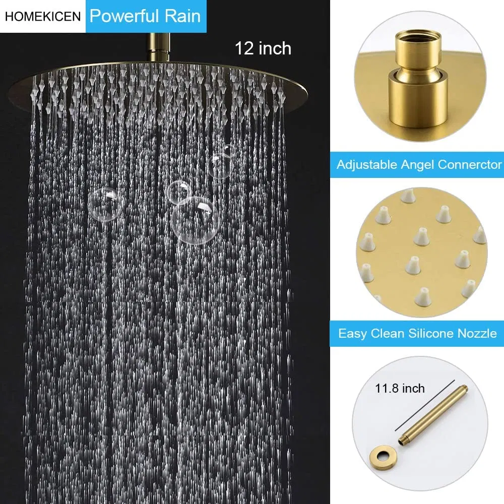 Luxury Brushed Gold Rainfall Concealed Shower System - 12 Inch Wall Mount Round Rain Faucet Set with Handheld Spray and Jets Combo, Thermostatic Brass Valve