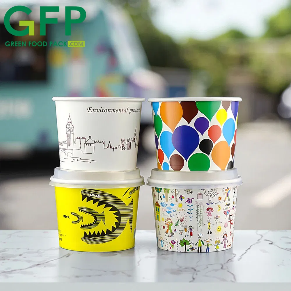 Food Grade Custom Printed 3/5/8/16/18 Oz Disposable Ice Cream Paper Cup with Lid and Spoon
