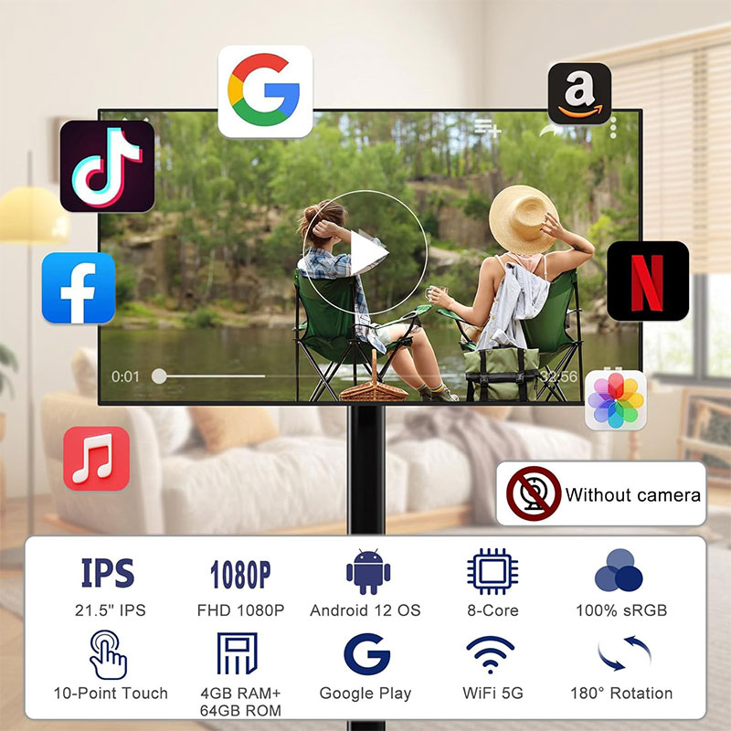 21.5 Inch Wireless Portable TV a-Type High Resolution Android 12 Smart Touch Screen with Narrow Bezel Fully Adjustable Stand