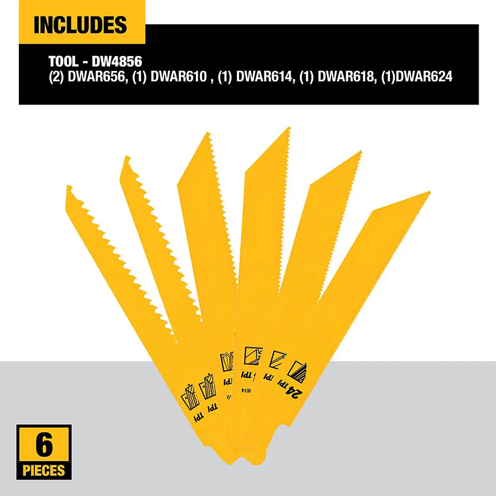 6PC Metal/Woodcutting Reciprocating Saw Blade Set Metallic