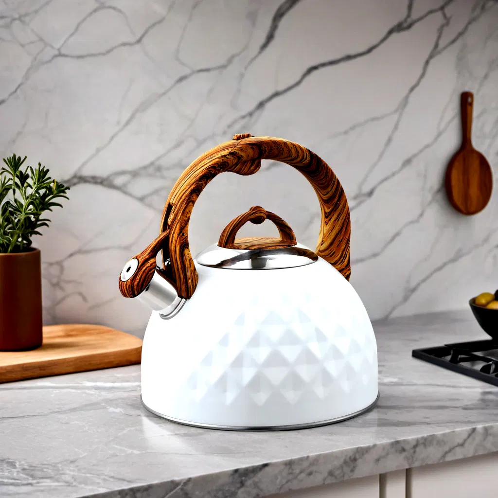 Белый чайник со свистком и деревянной ручкой