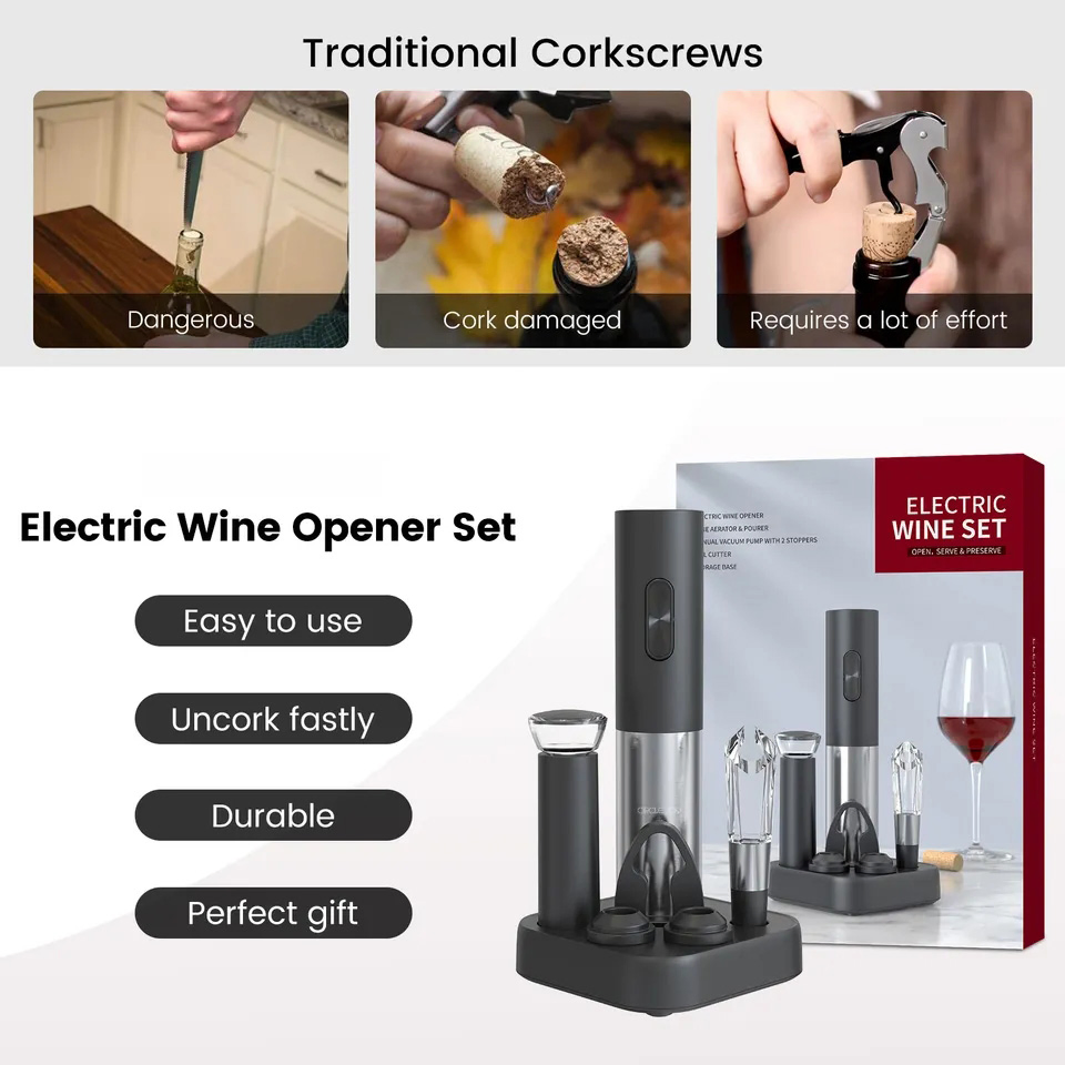 Battery-Operated 6-in-1 Electric Wine Bottle Opener Set with Storage Base Automatic Cordless Battery Bar Set
