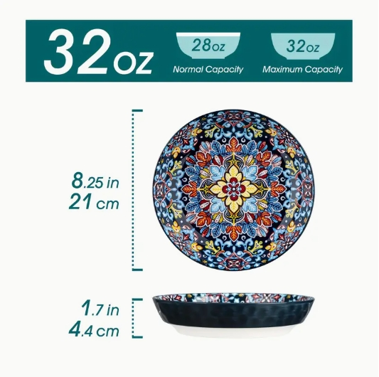 Ceramic Salad Bowls of 6 32 Oz Large Colorful Serving Bowls for Kitchen Dishwasher & Microwave Safe