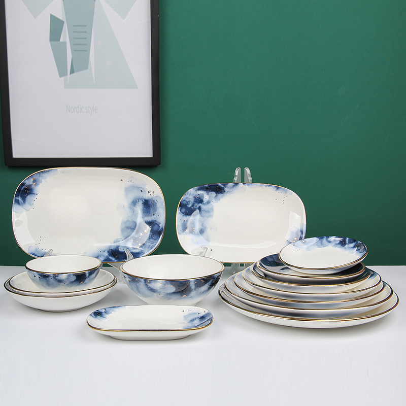 New Design Restaurant Blue Dinner Plate Bowl Ceramic Dinner Set