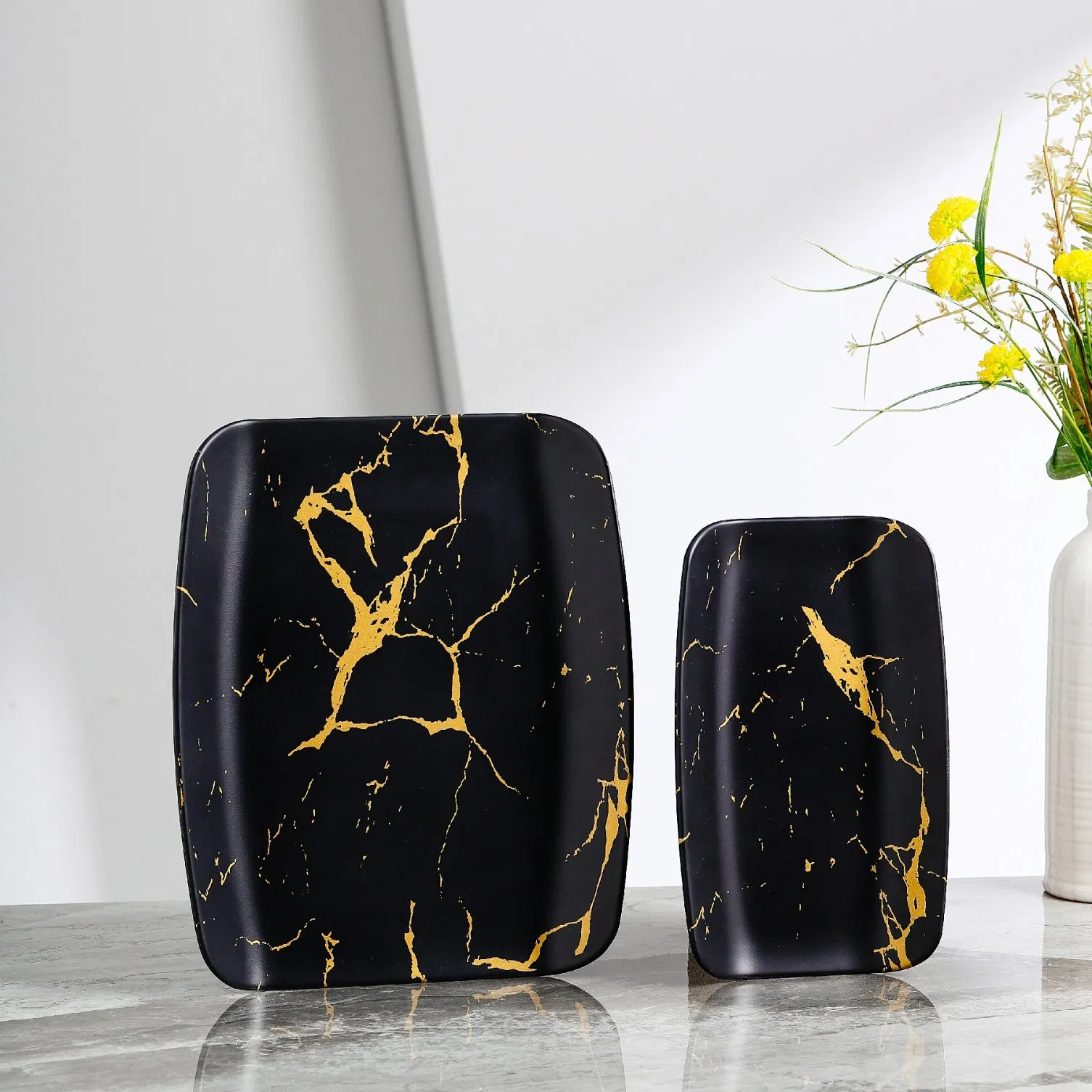Wholesale Luxury Nordic Melamine 12PCS Tableware Set Restaurant Home Plastic Dinner Set Marbling Tableware Sets