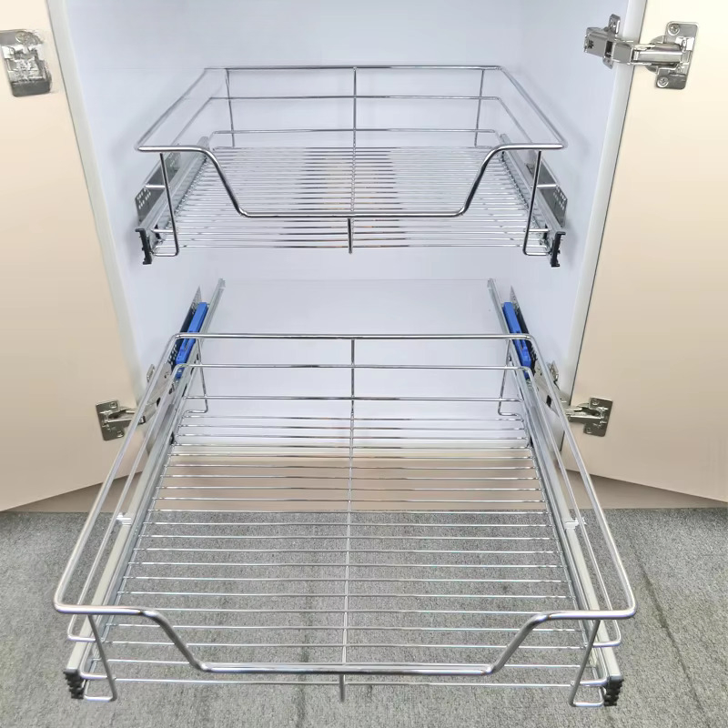 Chrome Plated Collapsible Pull out Cabinet Basket with Ball Bearing Slides