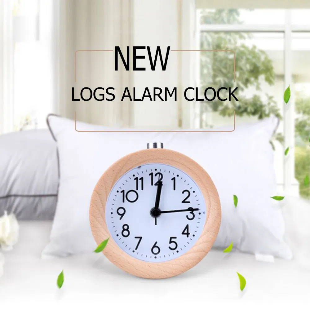 Solid Wood Mute Quartz Alarm Clock with Night Light Table
