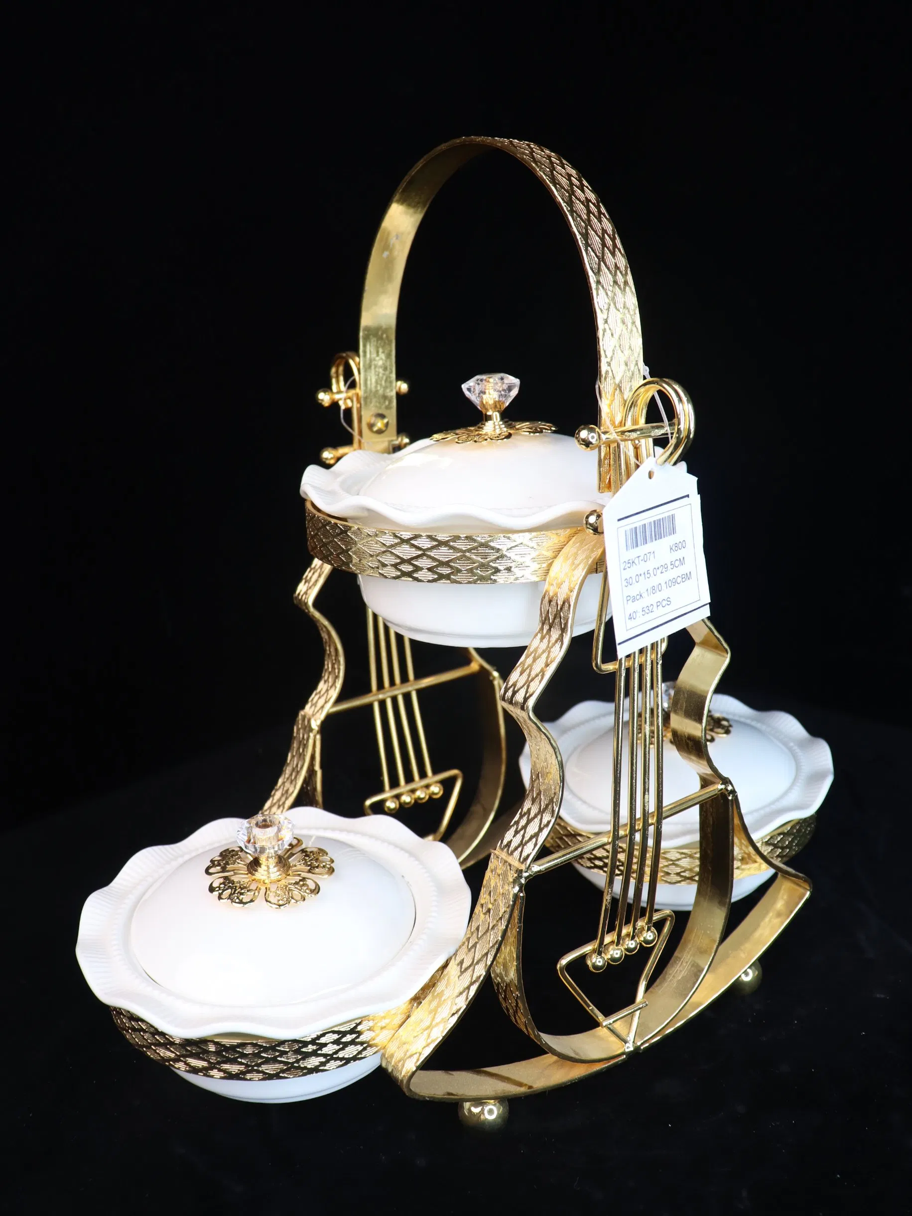 New High-End Gold-Plated Iron Art with 3 Ceramic Bowls with Lids