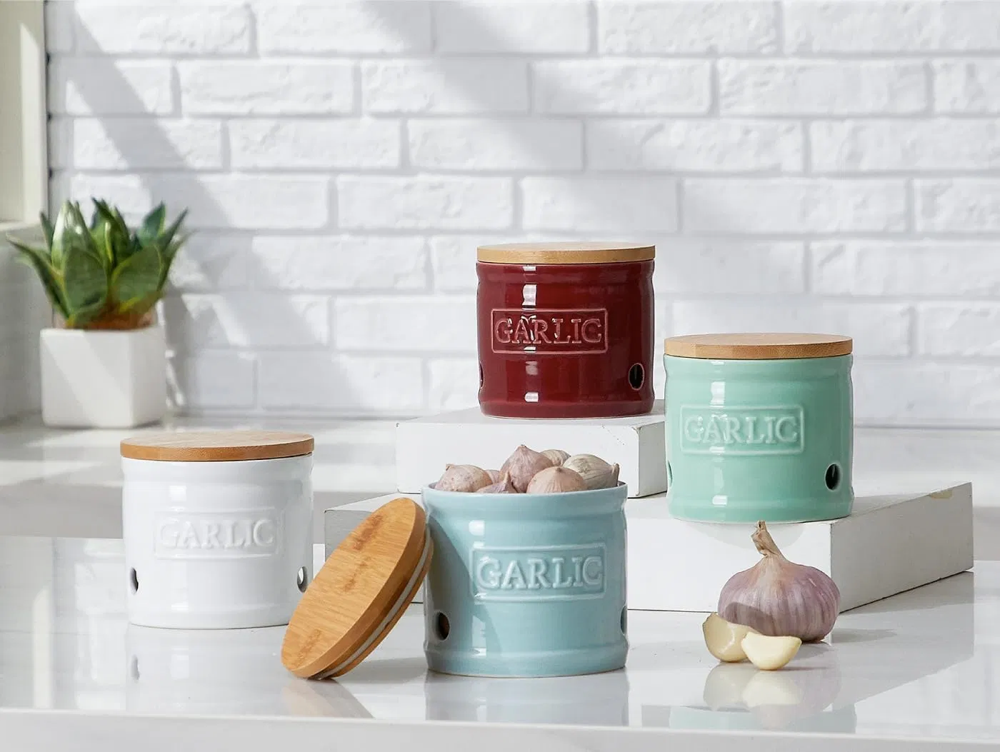 4inch Green White Kitchenware Stoneware Ceramic Garlic Keeper