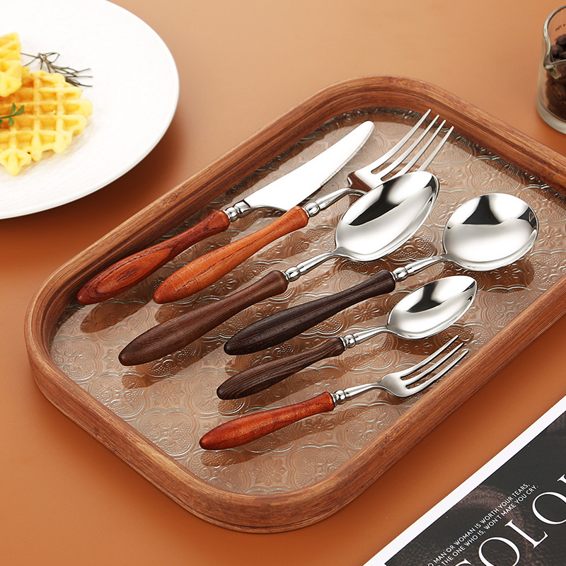 Round Handle 304 Stainless Steel Walnut Knife, Fork and Spoon. Hotel Restaurant Rosewood Western Cutlery, Dessert Spoon and Tableware.