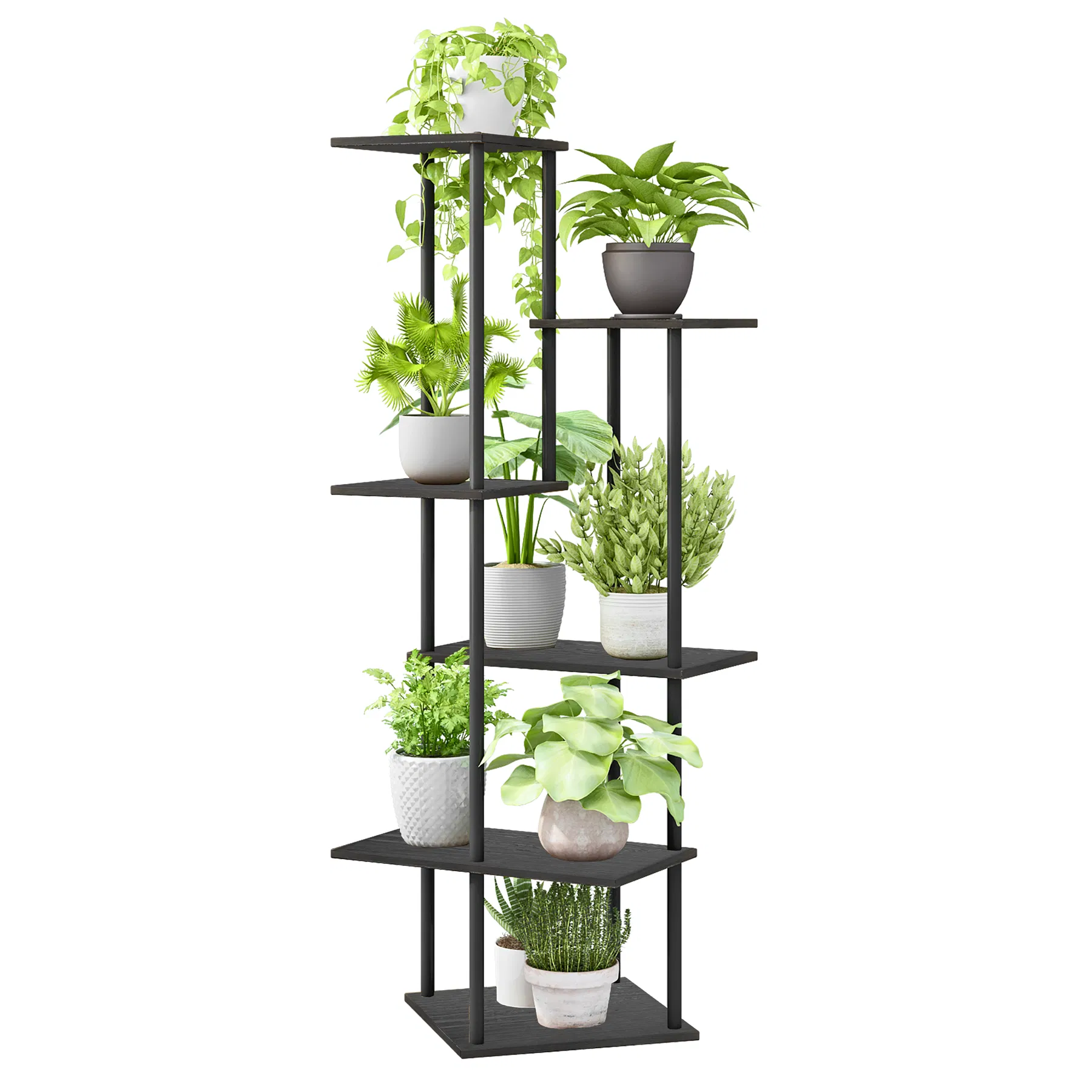 Elegant 6-Tier Black Steel Wood Corner Plant Shelf for Indoor Use