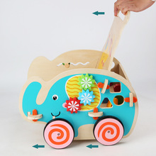 Pull Along Multifunctional Wooden Stollers Elephant Walkers with Blocks for Toddler Toys
