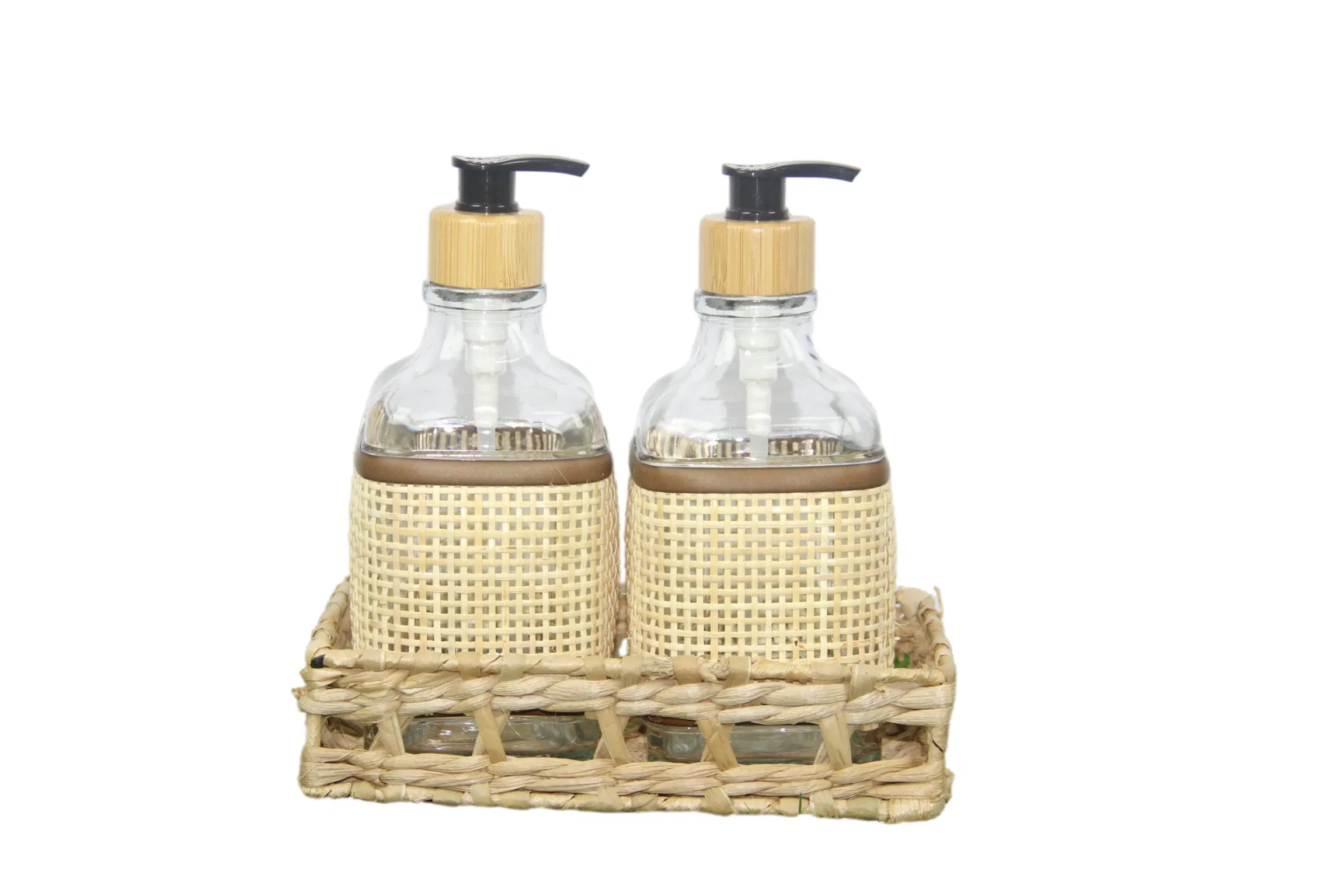 Stylish Amber Dispenser Bottles and Reed Storage Basket Set