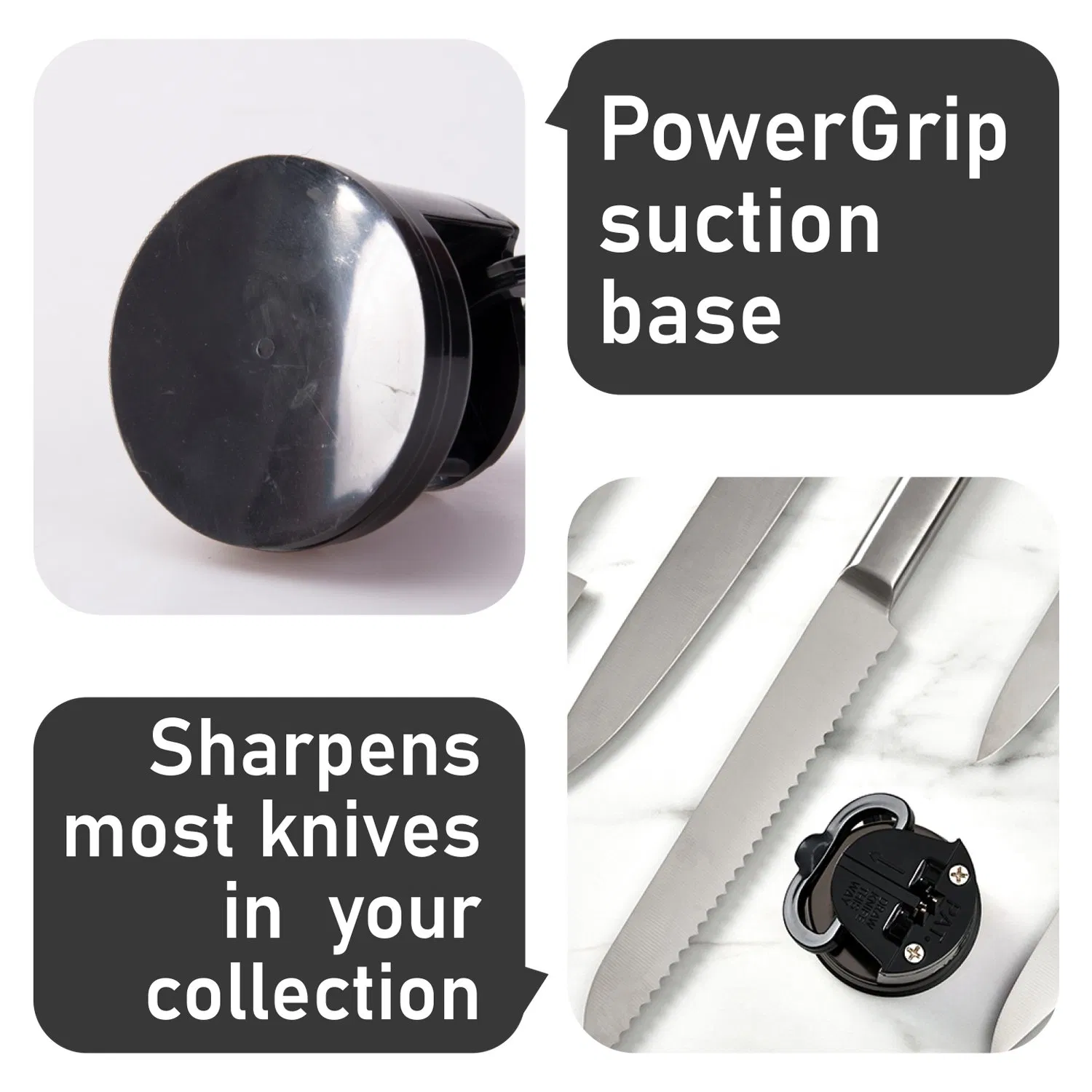 Black Knife Sharpener Powergrip Suction Base 200X Force Increase Mini Size Fast 3 Step Sharpening for Most Kitchen Knives Tool
