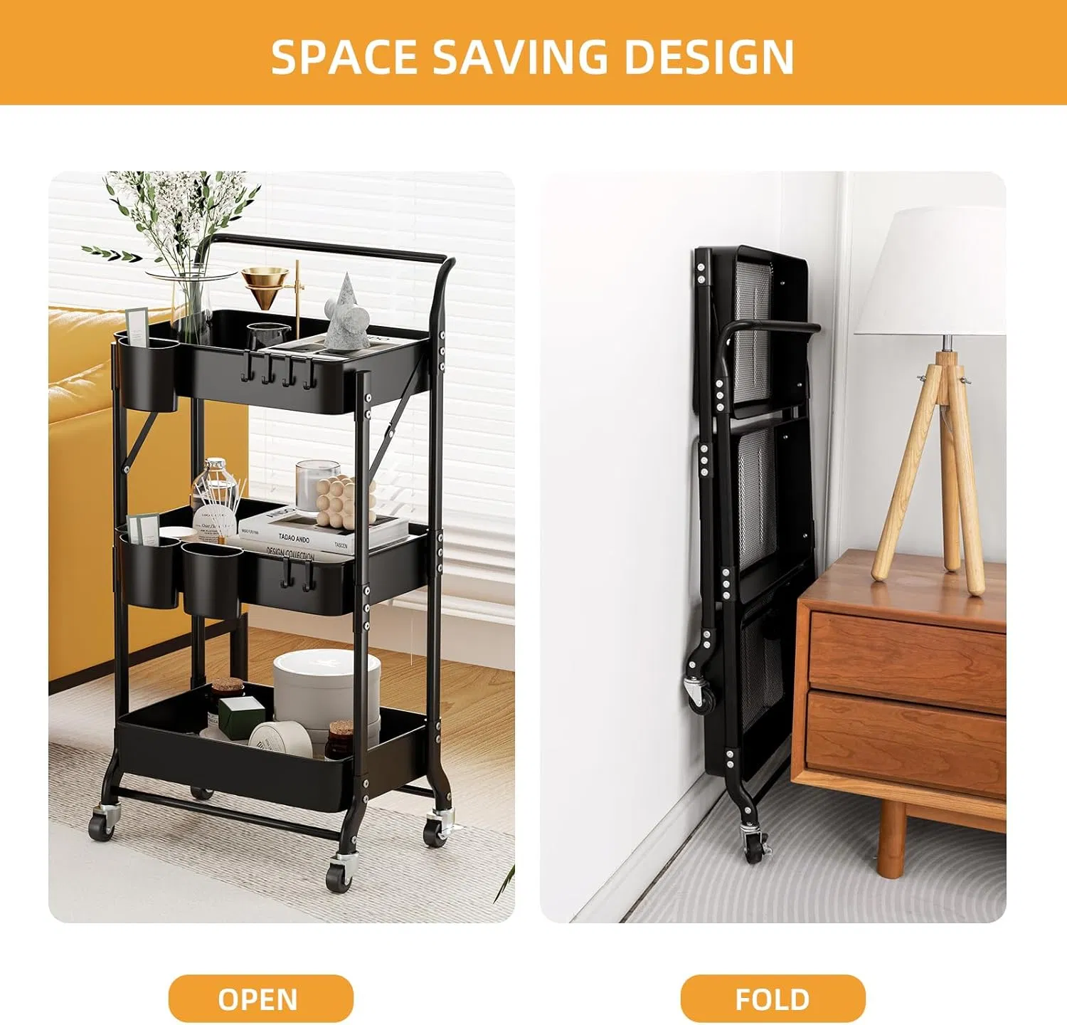 3-Layer Foldable Rolling Cart with Wheels, Foldable Multi-Function Storage Rack, Black, Factory Price