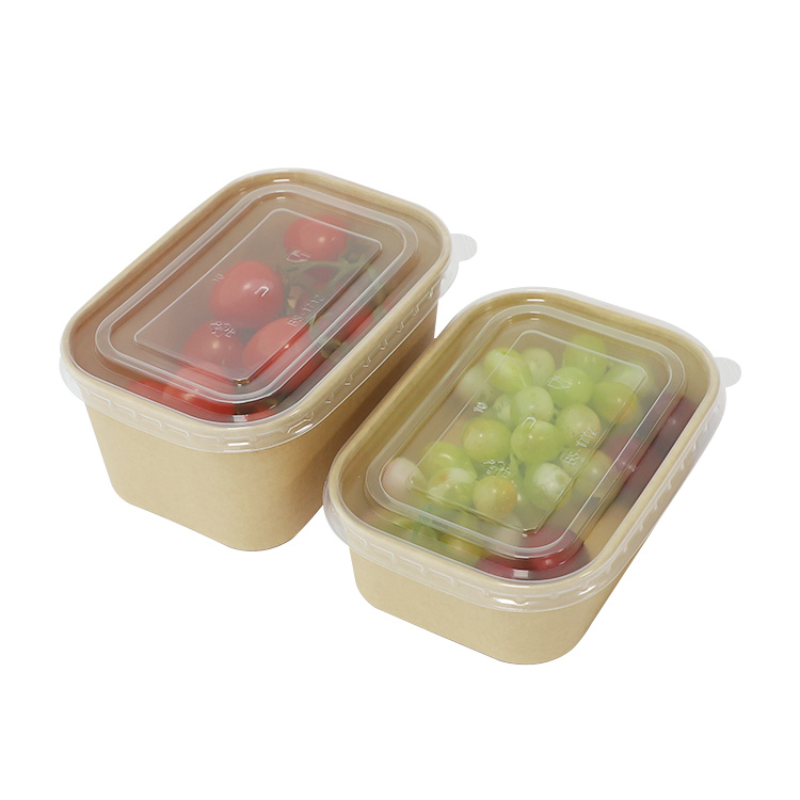 Paper Bowls Custom Take out 500ml 650ml Recentangle Disposable Kraft Paper Salad Bowl with Lid